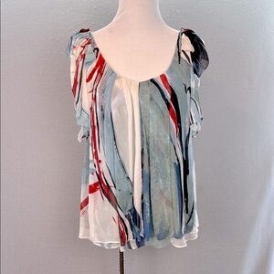 DVF women’s watercolor 100% silk Nahla Blouse Ruffled short sleeve top crinkle 6